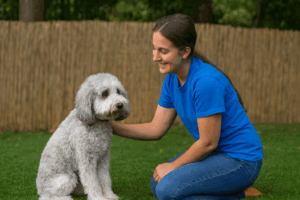 playful pups staff with dog